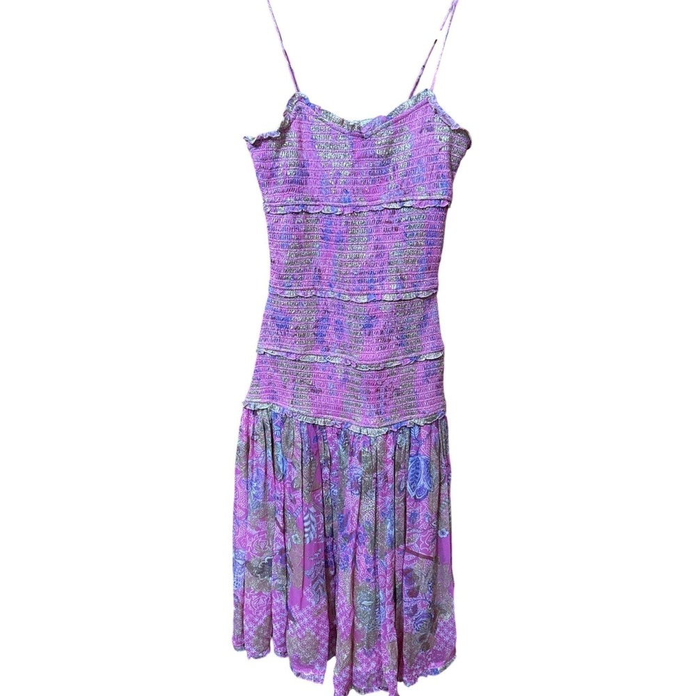 Hemant &‎ Nandita  Laura Smocked Pink Floral Midi Dress Medium Metallic India